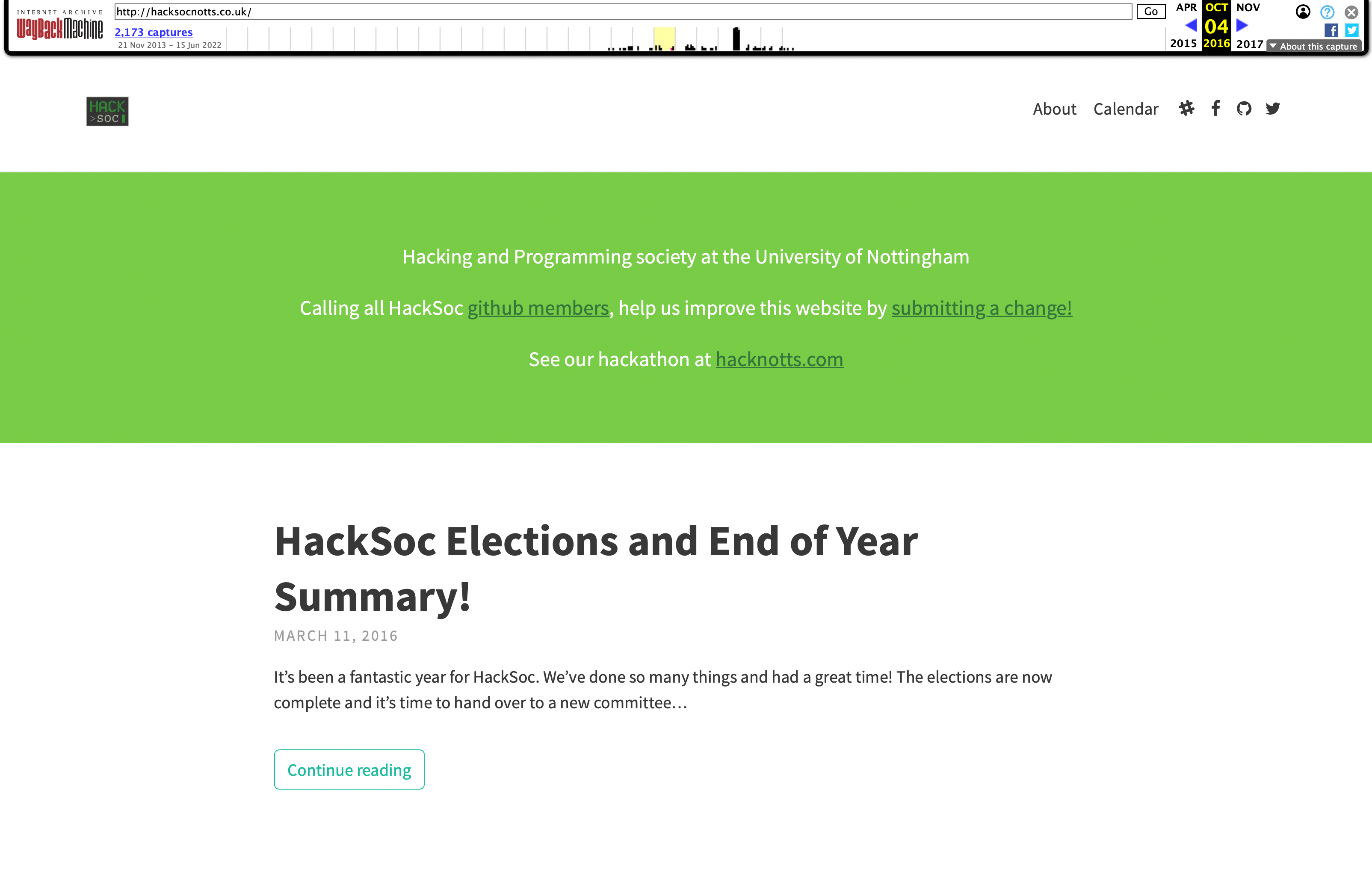 A screenshot of HackSoc&rsquo;s very old website, October 2016.